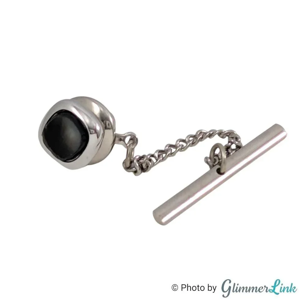 Vintage Swank Silver Tone Tie Tack with Shell Cabochon, Chain & T-Bar